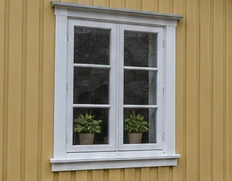 Hvidt sprossevindue med blomster i gul træfacade
